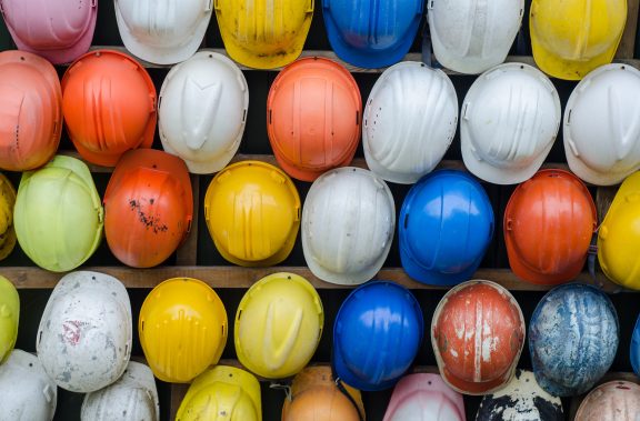 A collection of construction safety helmets
